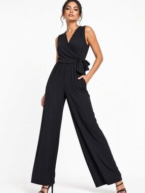 Tahari Black Sleeveless Wrap-Front Wide-Leg Jumpsuit(sz:M)